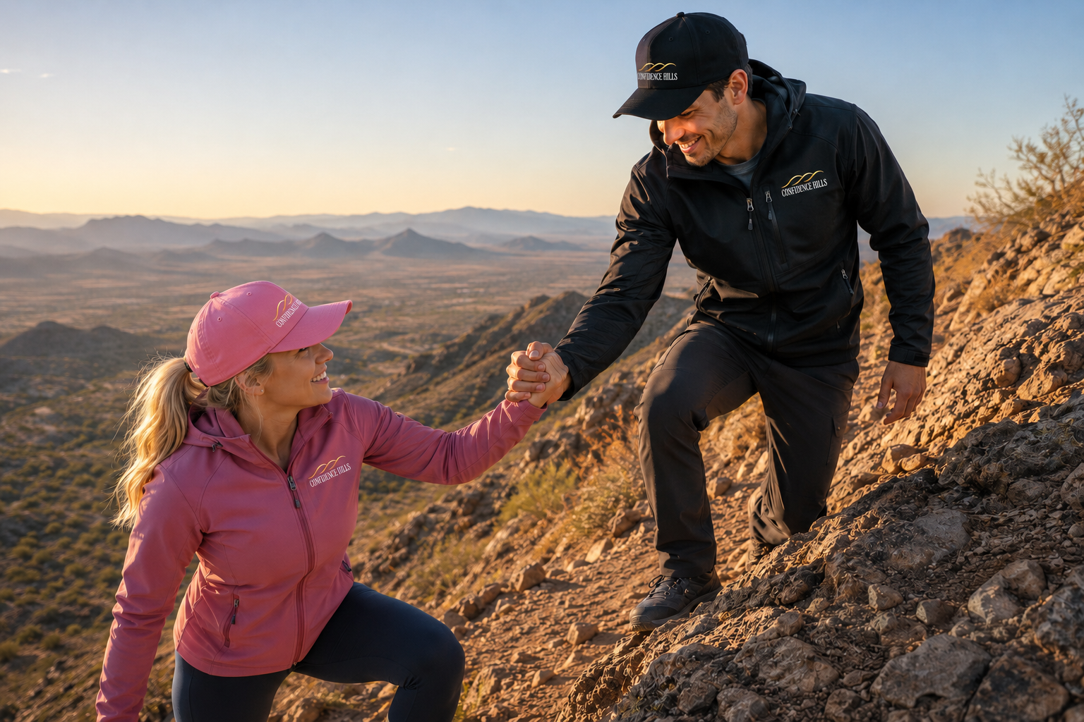 Two people wearing Confidence Hills apparel ascending a California desert ridge at golden hour